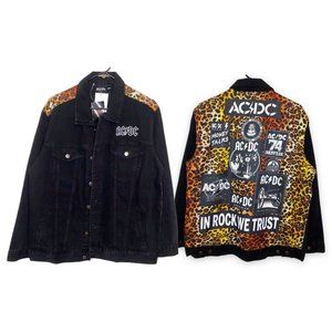 AC/DC Black Denim Leopard Print Album Titles Jacket Size XL Rock Concert Band